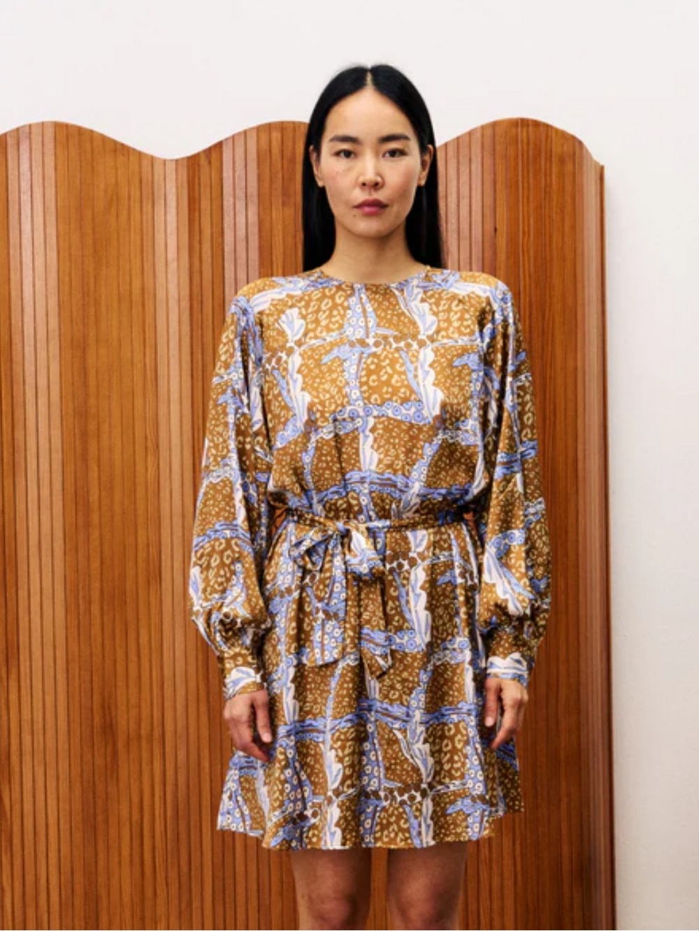 FRNCH Paris Printed Long-Sleeve Tie-Waist Dress in Blue and Tan